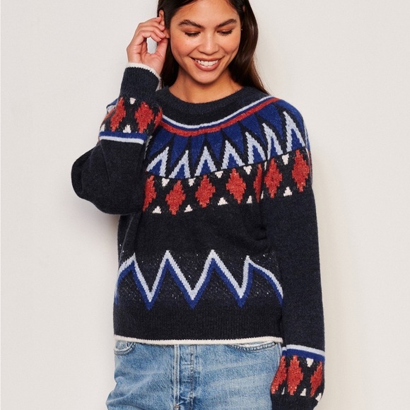 SUNDRY WOMEN'S FAIRISLE CREW NECK SWEATER IN DEEP NAVY S, M - Picture 3 of 13